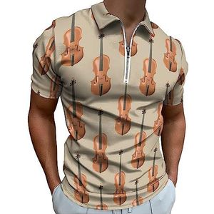 Realistisch houten viool poloshirt voor mannen, casual T-shirts met ritssluiting en kraag, golftops, slim fit