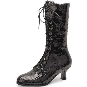 Glanzende Enkellaarsjes Met Pailletten Dames Pumps 6 Cm Veterlaarsjes Met Rits Herfst En Winter Grote Maten Enkellaarsjes Elegante Enkelschoenen For Feestjes, 36-43 EU(43 EU)