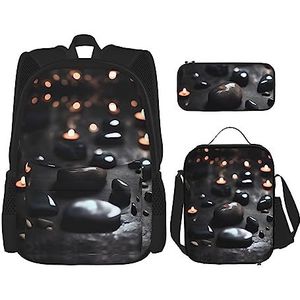 ZYVIA Black Mystery Heart Stone 3-delige Pocket Rugzak Lunch Tas en Potlood Pouch Set Sterke en Slijtvaste Grote Capaciteit voor Scholen Bergbeklimmen Training, Zwart, Eén maat