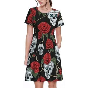 Zomerjurken voor dames, doodskop en rode roos, 3D-print, ronde hals, casual T-shirt, korte mouwen, losse strandjurk met zakken, 3 D, S