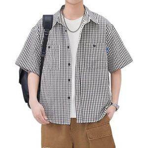 OHERUWKLS Heren Zomer Casual Los Gestreept Button Down Shirt Met Korte Mouwen En Zakken,zwart,3XL