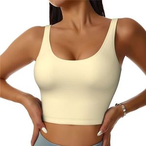 Wit geel en blauw - Crop Tops voor dames sportbeha U-rug verwijderbare gewatteerde crop workout tanktop met ingebouwde bh's, slanke pasvorm mouwloze atletische vesten, Amandel Geel, S