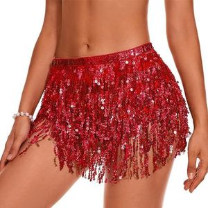 QKEPCY Pailletten rok voor vrouwen, schattige buikdansrok met kwasten, glitterrok, modieus, carnaval, buikdans, voor vrouwen en meisjes, festival, dans, performance, Rood, Eén maat