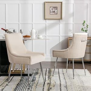 Aunvla Set van 4 eetkamerstoelen met verticale strepen, gestoffeerde stoel, metalen poten met metalen handgreep, moderne loungestoel, slaapkamer-/woonkamerstoel, beige