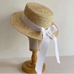 Franse stijl zonnehoeden for vrouwen Strik zomerhoed brede rand schipper strohoed Canotier hoed lint kerk derby zomer fedora's(Size:WHITE)