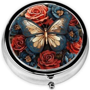 Pillendoosje met spiegel, retro pillendoosje met 3 vakken, vlinders en rozen, kleine pillenorganizer voor portemonnee of zak, decoratieve metalen medicijnen, vitamine-organizer, unieke geschenken
