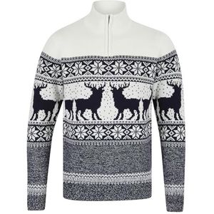Men's Gullfoss Nordic Fair Isle Jacquard Knit Jumper with Quarter Zip Funnel Neck in Laundered Ecru - Merry Christmas - L