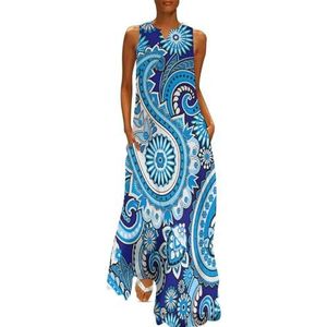 Paisley blauwe print patroon dames jurken V-hals zomerjurk zomer mouwloos strand lange jurk vakantie 4XL