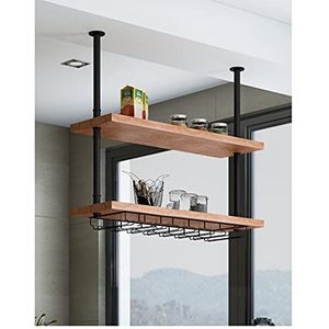 Wijnrek, muurplanken van wijnrek, glazen rek/plank van het plafond, industrieel hangende opbergrek/wijnrek, massief houten wandrek, plafondflessenrek Home Decoratie