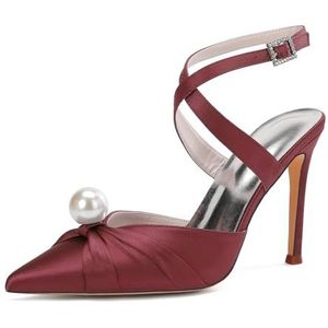 KYEGLO Puntige Stilettohak Met Parel Voor Dames & Gesloten Afstudeerschoenen Met Kruisbandje Om De Enkel - Ideaal Voor Bruiloften En Werk,Burgundy,36 EU