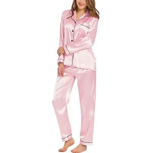 CSSHNL Satijnen pyjamaset Zijden Satijnen Pyjama Loungewear Tweedelige Nachtkleding Button-Down Volledige Mouw Lange Pj Set Dames Pyjama Set, roze, XXL