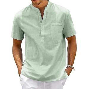 UBOHUZ Mannen Korte Mouw Shirt Katoen Linnen Shirt Mannen Pocket Casual Strand Korte Mouw Effen Kleur Mannelijke Tops T-shirts voor Vrije tijd, Groen, 3XL