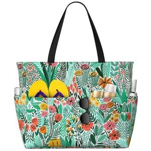 OdDdot Tropische bloemenprint herbruikbare strandtas, grote bakken voor strandreizen, modieuze strandtas voor vrouwen, Zwart, Eén maat