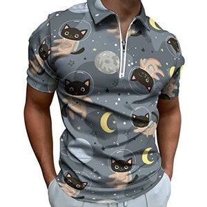 Leuke katten astronauten heren poloshirt met rits T-shirts casual korte mouw golf top klassieke pasvorm tennis tee