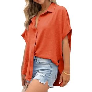 CupitiDU Dames Casual Knop Korte Mouw Split Zoom Shirt Effen Kleur Tops, Zomer V-hals Knop Voorkant Tops met Zak, Oranje, XXL