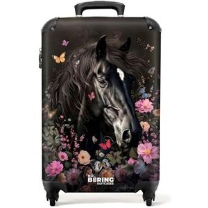 NoBoringSuitcases.com © Handbagage koffer Reiskoffer met wielen Trolleys Kinderkoffer in handbagage-middelgroot in 40 afbeeldingen (Zwart paard met witte bles en kleurrijke bloemen, 55x40x20 cm)