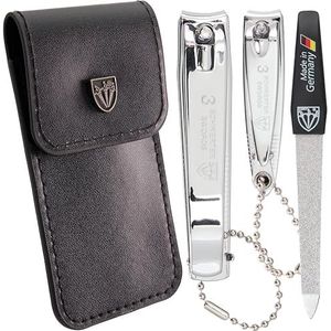 Drei Schwerter - Nagelknipper set 'CLIP', vingernagelknippers, voetnagelknipper en saffiernagelvijl met kunstleren etui, versie zilver