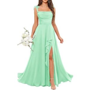 Dames chiffon bruidsmeisjes jurken met split lange galajurken ruches cocktailjurk plus size, mintgroen, 32