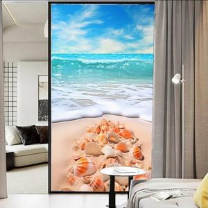 AEMYSKA Rustieke schelp schelpen gebrandschilderd glas raamfolie oceaan golven natuur zeegezicht venster privacy film niet-klevende glasfolie decoratieve statische hechtfolie voor thuiskantoor 90 x