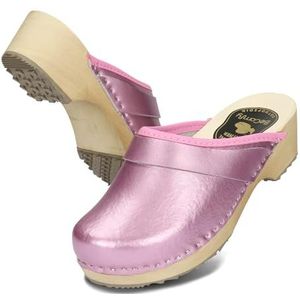 BeComfy Dames Leren Klompen Houten Schoenen met Houten Zool Metallic Goud Zilver Roze 35 36 37 38 39 40 41 EU (Roze, EU-systeem voor schoenmaten, Volwassene, Numeriek, Breed, 38)