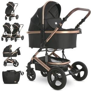 Lorelli Kinderwagen Boston 2 in 1, combi-kinderwagen tot 22 kg incl. babykuip en buggy sportstoel, sportbuggy, loopkinderwagen, klein inklapbaar (zwart)