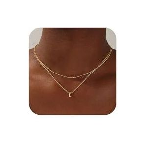 Tingn Halsketting, gelaagd, gouden ketting met letters, 14 karaat goud, verguld, klein monogram, letters A-Z, gepersonaliseerd, hanger, choker, voor dames en meisjes, sieraden, Goud