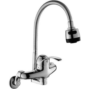 Wandmontage Keukenkraan 360 Graden Swivel Flexibele Slang Dubbele Gat Pull Down Aanrecht Spuitkraan Koud Water Mixer