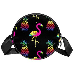 Ronde Crossbody Tas Geel Rosy Flamingo Ananas Zwarte Messenger Bag Purse voor Vrouwen, Meerkleurig, 6.7x6.7x2.3 in, Sling Rugzakken