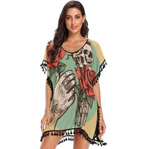 KAAVIYO Rode Schedel Rose Hand Vrouwen Strand Cover Up Chiffon Kwastje Badmode Badpak Coverups voor Meis, Patroon, L