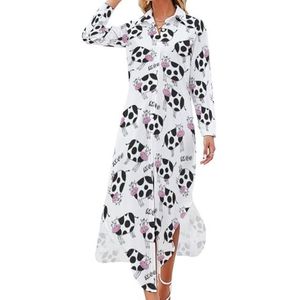 Moo Maxi-jurk met koeienpatroon voor dames, lange mouwen, knoopsluiting, casual party, lange jurk, 4XL