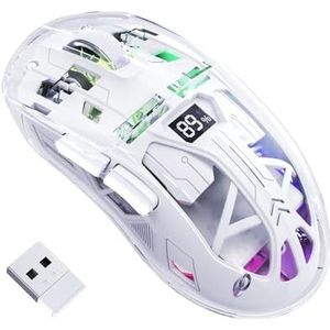 FREEWOLF A2 Draadloze Gamingmuis, Dual-Mode 2.4G/Bluetooth Pc-Gamingmuizen, RGB-muis met Batterijdisplay, Transparante Behuizing, PixArt 3212 4000 DPI, voor Win/MAC, Glazed White