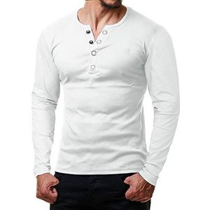 ReRock by Young & Rich T-shirt voor heren, lange mouwen, knoopsluiting, V-hals, Henley shirt, slim fit met grote knopen, serafino shirt, wit, S