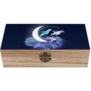 Drie dolfijnen in de maanlicht houten kist met deksel opbergdozen organiseren sieradendoos decoratieve dozen voor vrouwen mannen