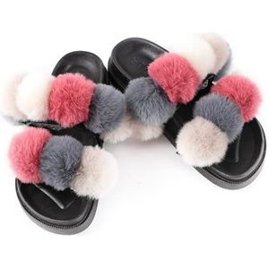 OLACD Modieuze pantoffels van imitatiebont met pompon voor dames, zachte platte slippers met open teen voor binnen en buiten, Multi kleuren 9, one size