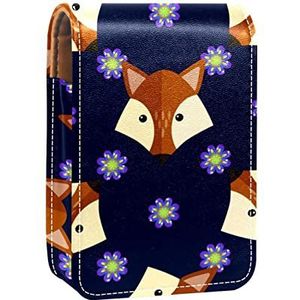 Lippenstift Hoesje met Spiegel Cartoon Vos Gezichten Paars Bloem Patroon Lip Glans Houder Draagbare Lippenstift Opbergdoos Reizen Make-up Tas Mini Lederen Cosmetische Pouch Houdt 3 Lippenstift