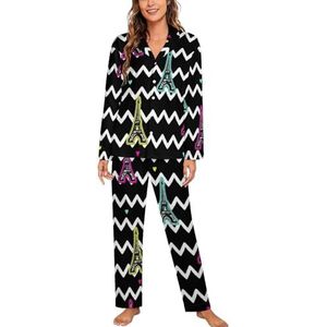 Paris Eiffeltoren dames lange mouw button down nachtkleding zachte nachtkleding lounge pyjama set 2XL