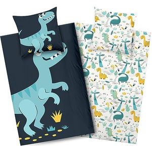 Aminata kids Dino beddengoed 135x200 jongens katoen dinosaurus-dino-motief kinderbeddengoed-omkeerbare set T-Rex | met ritssluiting blauw - 2-delig