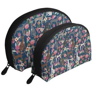 Make-uptas, cosmetische reistas, 2 stuks, draagbare clutch pouch-set, organizer voor Italiaanse windhond, bloemen, beste honden en bloemen, marineblauw, zoals afgebeeld, Eén maat