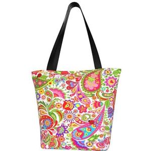 BeNtli Schoudertas, grote canvas tas, casual tas voor vrouwen, herbruikbare boodschappentassen, paisley bloemen kleurrijke bloem, Als afbeelding, Eén maat
