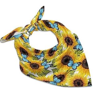 Zonnebloemen blauwe vlinders bandana's voor mannen vrouwen vierkante kop zijden sjaal lichtgewicht wrap nek zakdoek halsdoek 63,5 cm x 63,5 cm