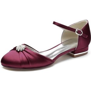 Dames Satijnen Pumps Enkelbandje Gesloten Teen Flats Comfort Lage Hak Avond Werk Trouwjurk Schoenen,Burgundy,36 EU