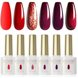 ROSALIND UV Nagellak Rood,6 Kleuren Rood Bourgondisch Donker Glitter Schellak Soak Off UV LED Gel Polish Set Gel Nagellak voor Nagelstudio Design