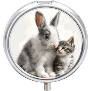 Konijn en kat pillendoos 3 compartimenten reispillenorganisator 3 keer per dag schattige mini pillenetui voor portemonnee en zak draagbare metalen medicijndoos met spiegel ronde dagelijkse