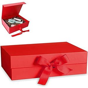 Luxe magnetische geschenkdoos met lint, sterk karton vouwbare geschenkdoos gesp lint prachtige effen kleur Clamshell cadeau verpakking gereedschap voor bruiloften, verjaardagen en jubilea etc. (27x19x8cm) rood