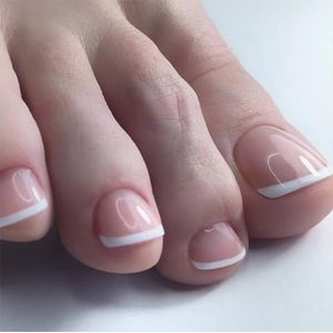 24 stuks nep teennagels - glanzende teennagels met Franse tip - volledig dekkende teennagels - nep teennagels plakken met geleilijm for vrouwen en meisjes(White)