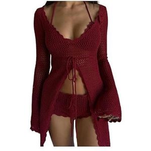 Beach Cover Up Knitted Crochet Beach Cover Up Beach Pullover Shirts Top Lace-Up Wear Beachwear Female Women-Red-S