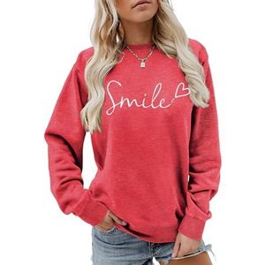 MLZHAN Smile Love Heart Print Vrouwen Sweatshirt Ronde Hals Lange Mouw Truien Herfst Winter Streetwear Causale Jas Tops, Rood 2, S