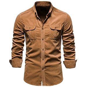 PECHEMO Heren corduroy overhemden mantel button-down trucker jas hemd casual lange mouwen retro mode winter warm houden tops slim fit katoenen hemd business camping comfort wandelen top met zak, C-bruin, L