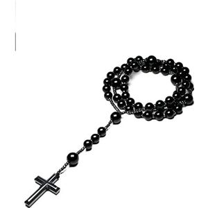 Sterling Zilveren Ketting Natuurlijke Zwarte Kralen Katholieke Christus Rozenkrans Kettingen Hematiet Cross Hanger Mannen Ketting Meditatie Mala Sieraden Ketting