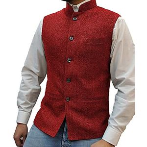 Heren Visgraat Wollen Vest Pak Zakelijk gilet van tweed met hoge kraag(XX-Large, rood)